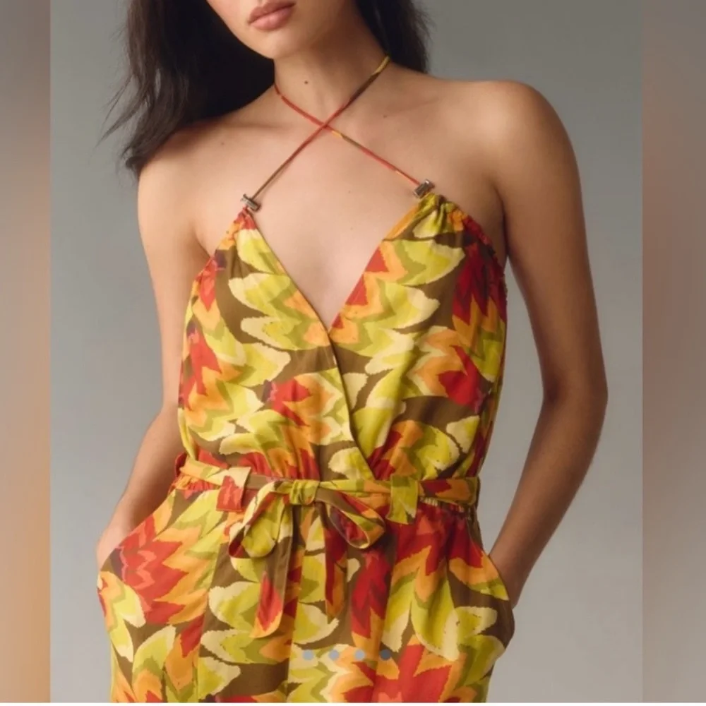NWT FARM Rio Yellow/Red Multicolor Halter Leaf Boho Jumpsuit, Size XL - Picture 2 of 10